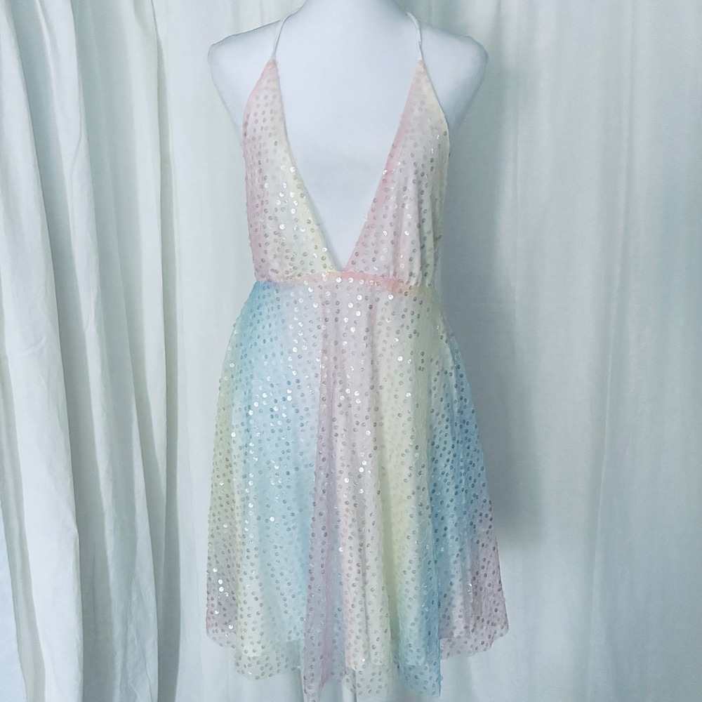 Ethereal Unicorn Pastel Sequin Party Dress Twirl Skirt Halter Top  Fairy Rave  M